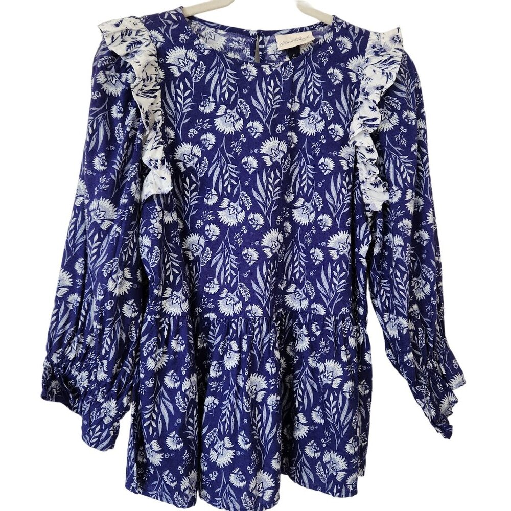 Boho Floral Peplum Top Ruffled Cottage Core Blue Prairie Feminine Romantic XS